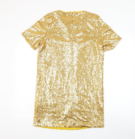 Glamorous Womens Gold Polyester Shift Size S Round Neck Zip