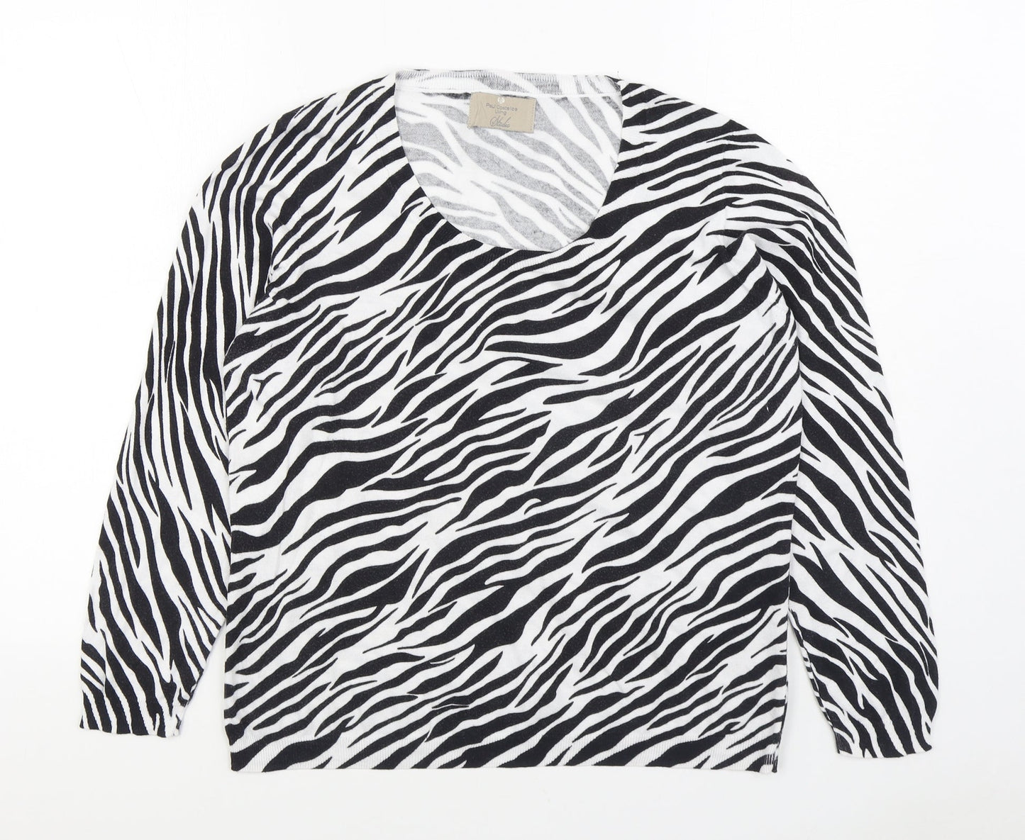 Paul Costelloe Womens Black Scoop Neck Animal Print 100% Cotton Pullover Jumper Size L
