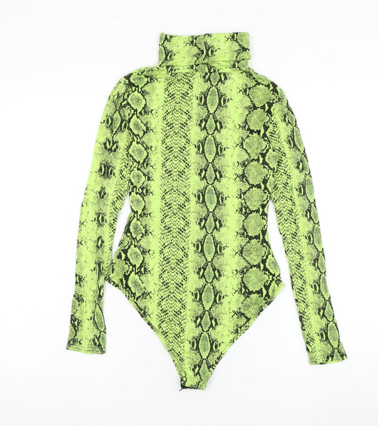 Boohoo Womens Green Animal Print Viscose Bodysuit One-Piece Size 10 Hook & Loop