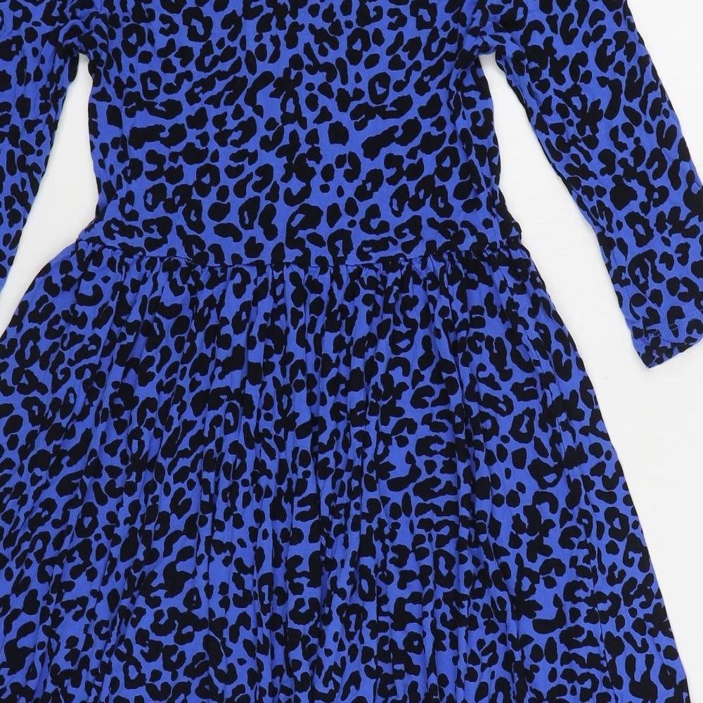 South Womens Blue Animal Print Viscose Skater Dress Size 10 Scoop Neck Pullover
