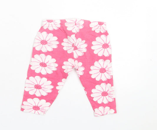 Preworn Girls Pink Floral Cotton Capri Trousers Size 9 Months Pullover