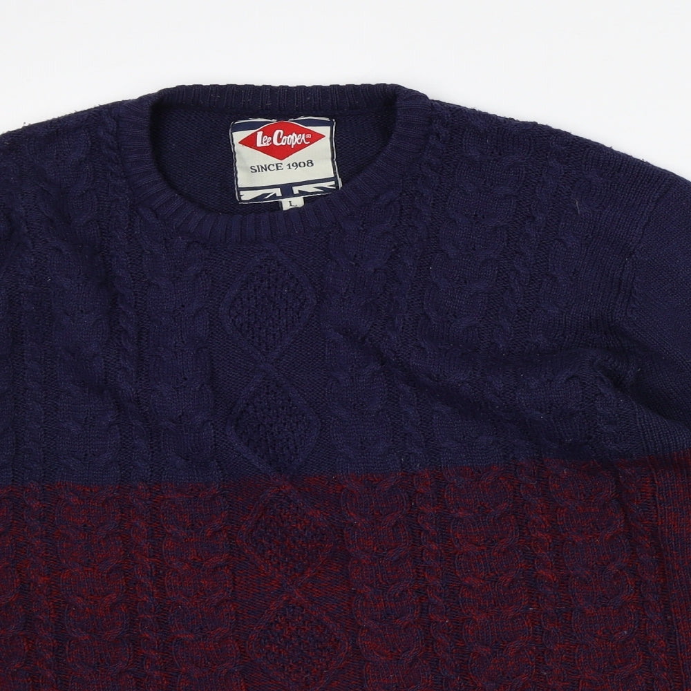 Lee Cooper Mens Red Crew Neck Striped Acrylic Pullover Jumper Size L