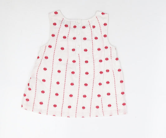 Marks and Spencer Girls Ivory Geometric 100% Cotton Jersey Tank Size 3-4 Years Round Neck Button