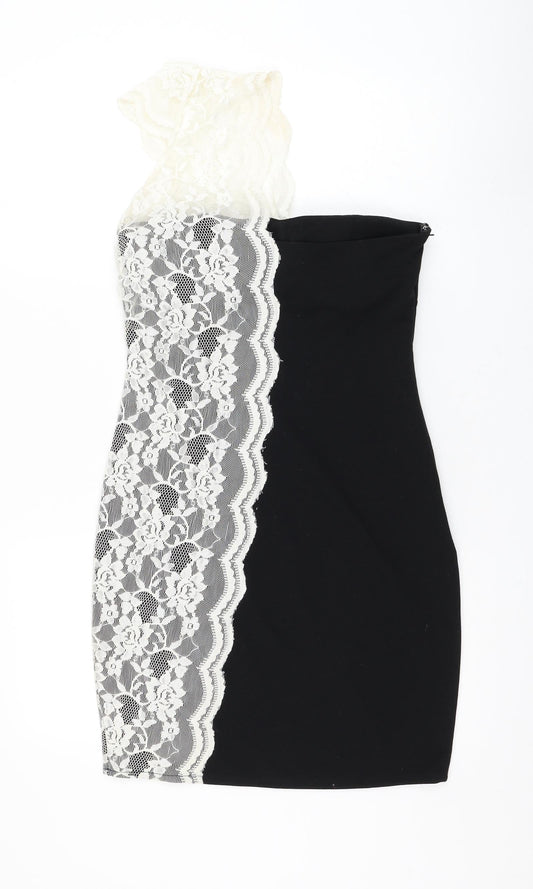 Goddova Womens Black Polyester Pencil Dress Size M One Shoulder Zip - Lace Detailing