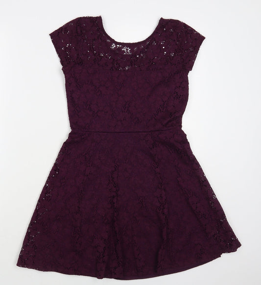 Wal G Womens Purple Floral Polyester Fit & Flare Size S Round Neck Pullover - Lace Overlay