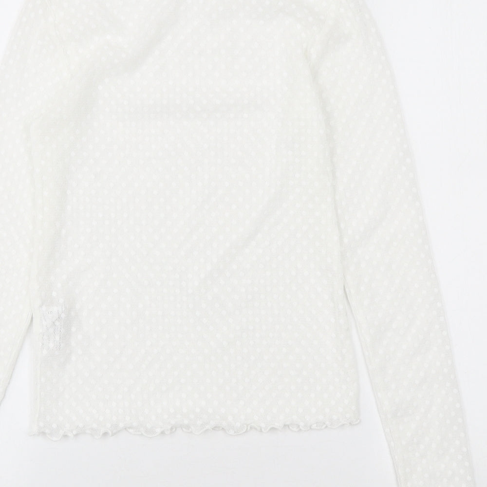 Stradivarius Womens White Polka Dot Polyester Basic T-Shirt Size S High Neck - Scalloped Edging