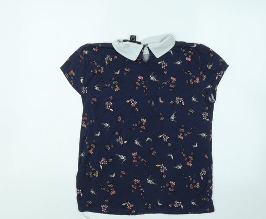 Atmoshpere Womens Blue Floral Viscose Basic T-Shirt Size 10 Collared