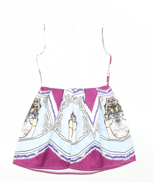 CRFS Womens Multicoloured Geometric Polyester Skater Dress Size S Round Neck Zip