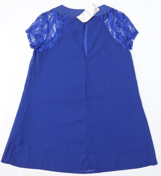 Wangmeiching Womens Blue Polyester Sheath Size L Round Neck Button - Lace Sleeves