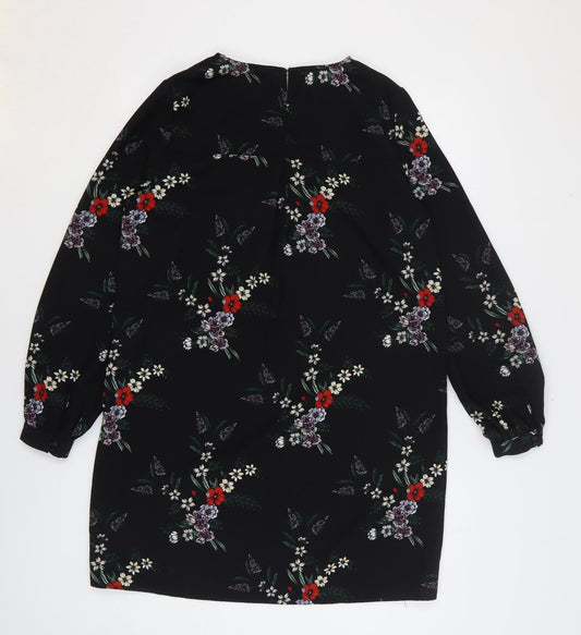 H&M Womens Black Floral Polyester Shift Size 10 Round Neck Button