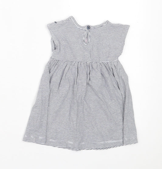 Dunnes Stores Girls White Striped Cotton A-Line Size 12-18 Months Crew Neck Button - Floral Detail