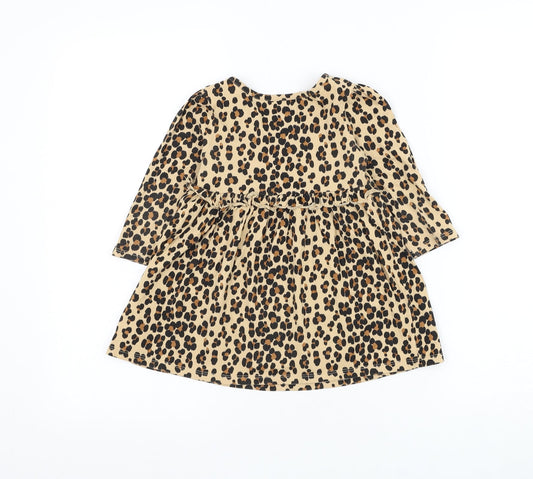 Gap Girls Brown Animal Print Cotton Skater Dress Size 2 Years Round Neck Pullover