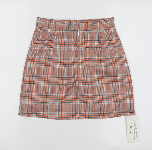 Cutie Womens Orange Plaid Polyester A-Line Skirt Size 8 Zip