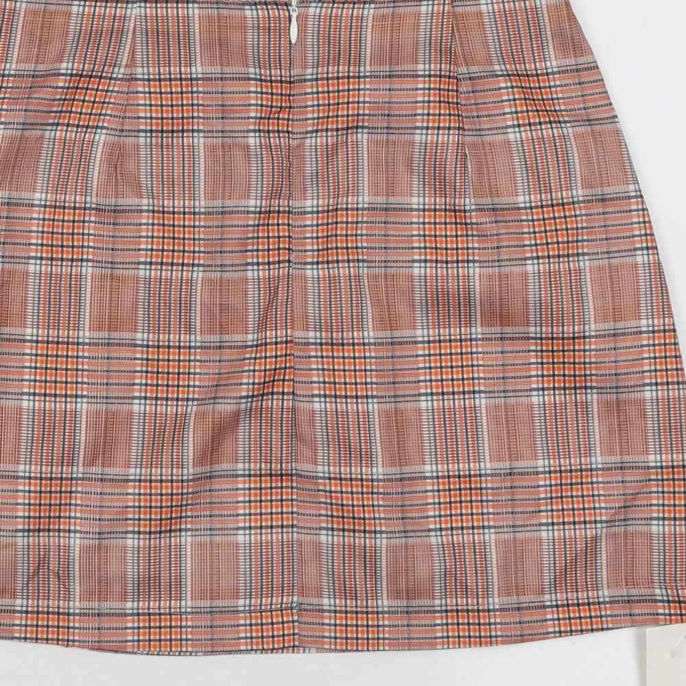 Cutie Womens Orange Plaid Polyester A-Line Skirt Size 8 Zip