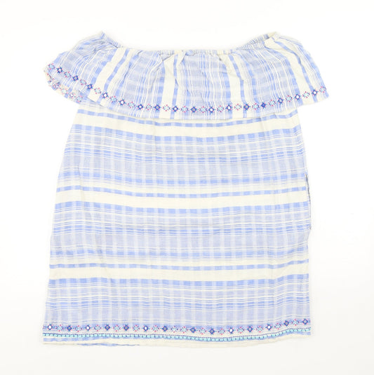 Accessorize Womens Blue Striped Cotton A-Line Size M Off the Shoulder