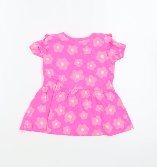 Dunnes Stores Girls Pink Geometric Cotton Skater Dress Size 6-9 Months Round Neck Pullover