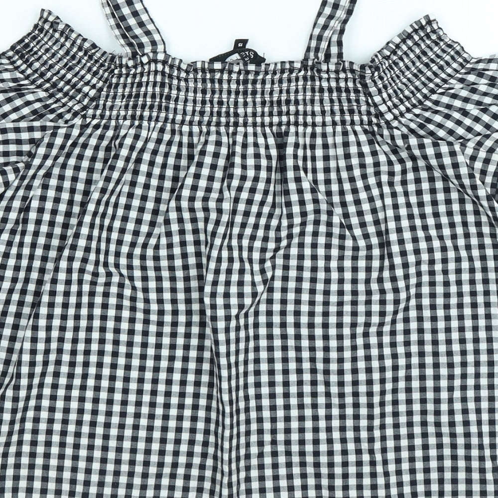 New Look Girls Black Gingham Cotton Basic Blouse Size 15 Years Boat Neck