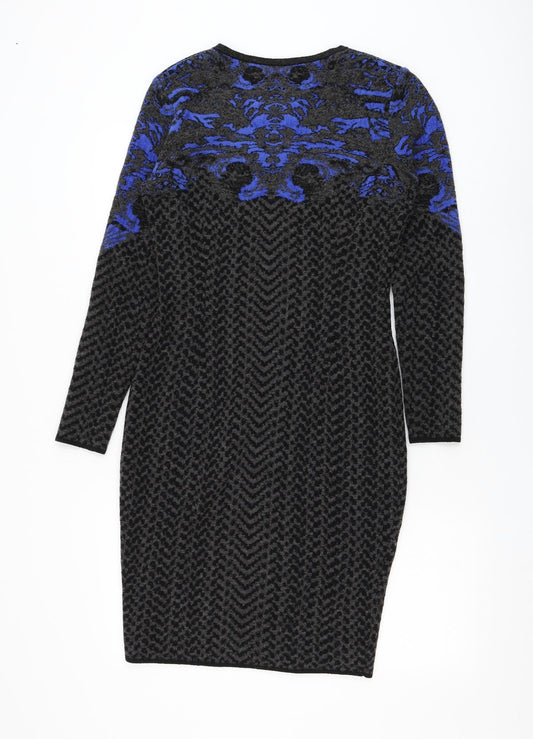 D. EXTERIOR Womens Grey Geometric Polyester Jumper Dress Size M Round Neck Pullover