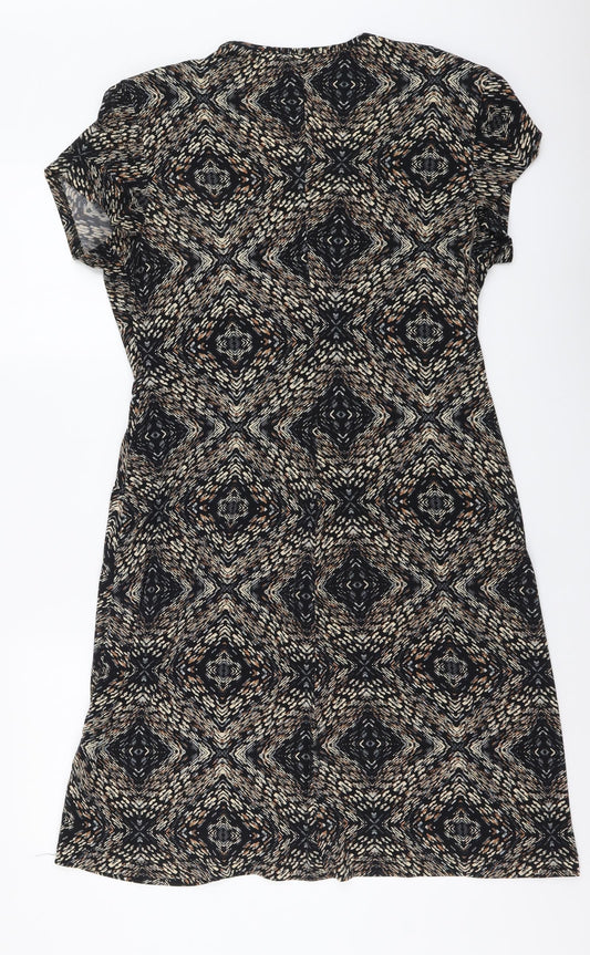 Eonnected Womens Brown Geometric Polyester A-Line Size L V-Neck Pullover