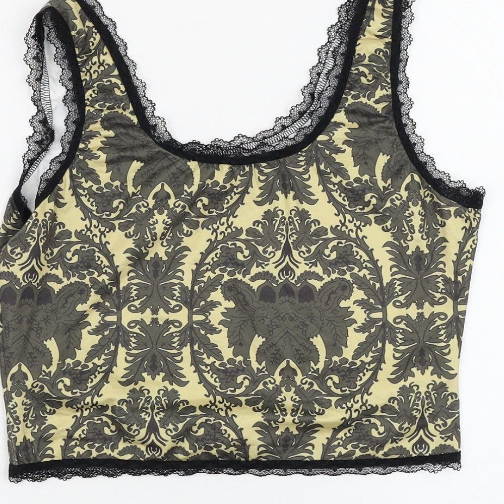 ROMWE Womens Yellow Geometric Polyester Cropped Tank Size 6 Scoop Neck - Lace Detailing