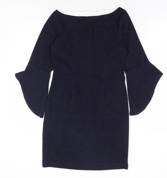 Latin Quaters Womens Blue Polyester A-Line Size S Boat Neck Pullover - Bell Sleeve