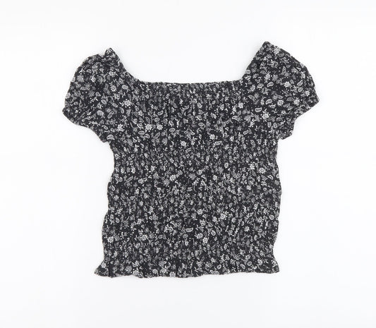 Marks and Spencer Girls Grey Floral Viscose Basic Blouse Size 8-9 Years Square Neck Pullover