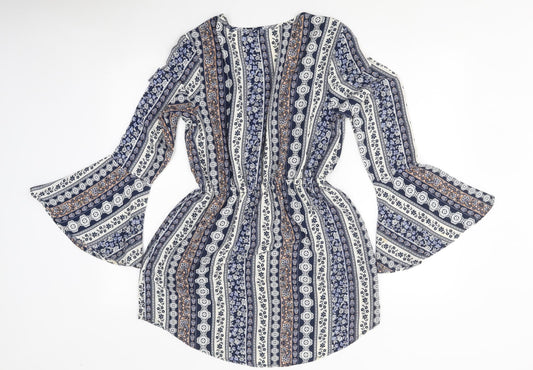 Paper Heart Womens Multicoloured Geometric Polyester Skater Dress Size 6 V-Neck Pullover - Frill