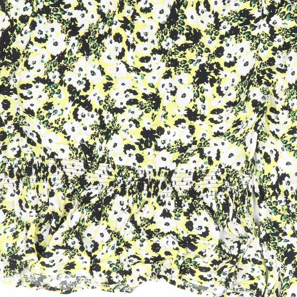 Marks and Spencer Womens Yellow Floral Viscose Basic Blouse Size 10 Round Neck - Tie Front