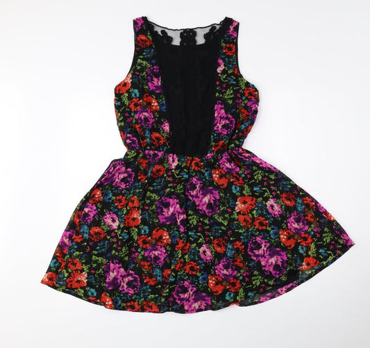 Fun & Flirt Womens Multicoloured Floral Polyester Fit & Flare Size M Boat Neck Pullover - Lace Detail