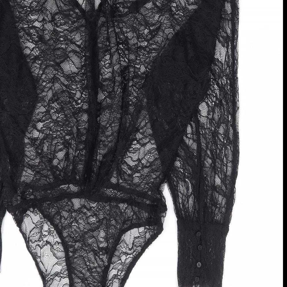 Zara Womens Black Floral Polyester Bodysuit One-Piece Size XS Button