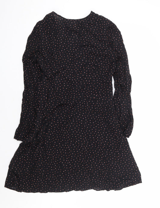 Warehouse Womens Black Geometric Rayon A-Line Size 12 V-Neck Zip - Love Heart Print