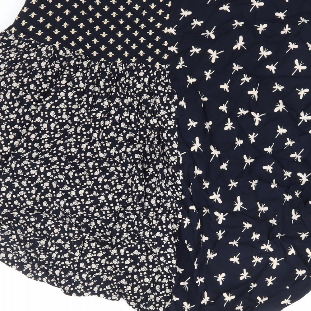 Louche Womens Blue Geometric Viscose Flare Skirt Size 10 Zip - Dragonfly Print Hi Lo