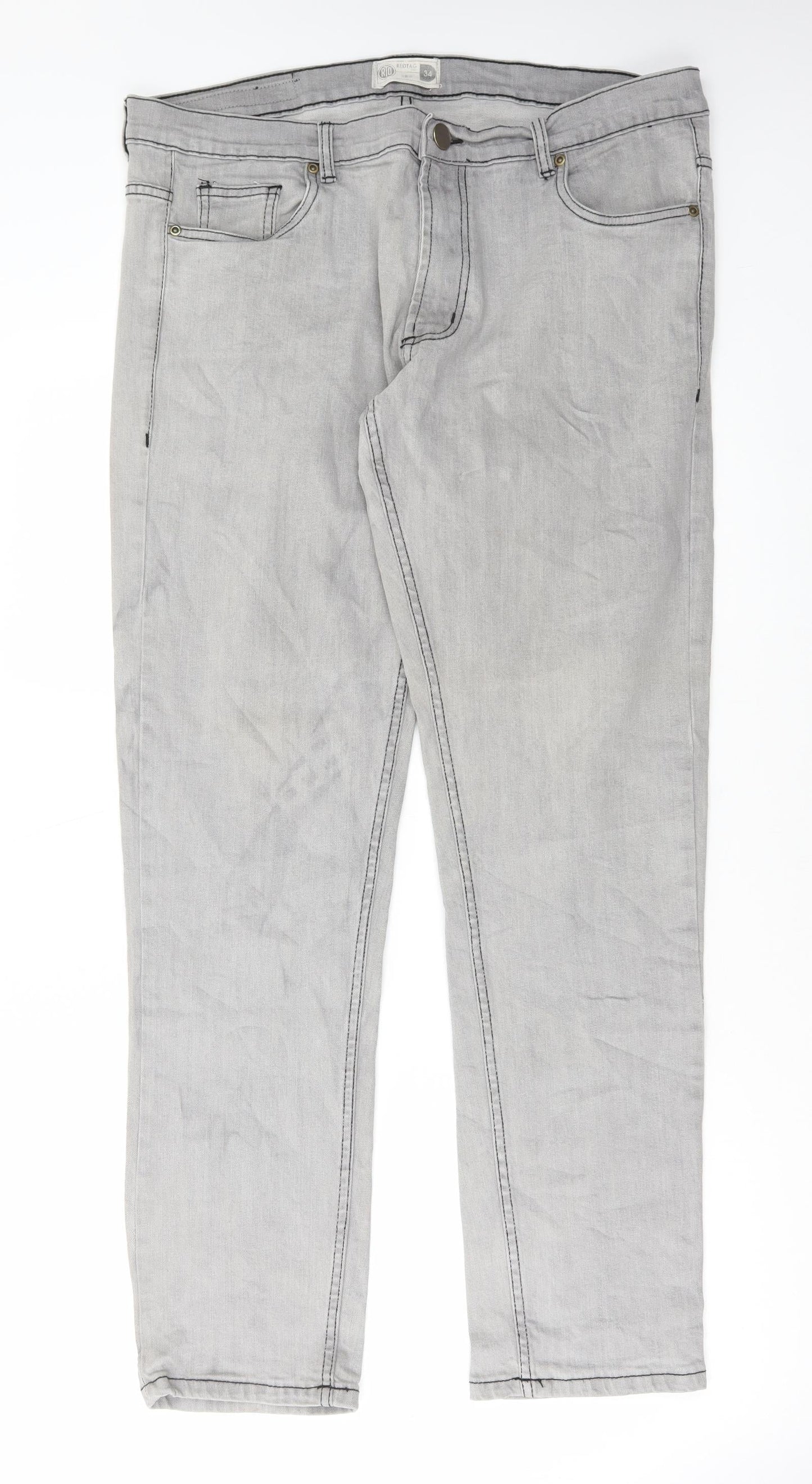 Redtag Mens Grey Cotton Straight Jeans Size 34 in L32 in Regular Button