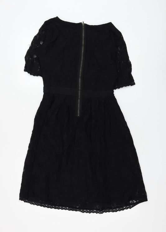 Yumi Womens Black Floral Nylon Shift Size 10 Round Neck Zip