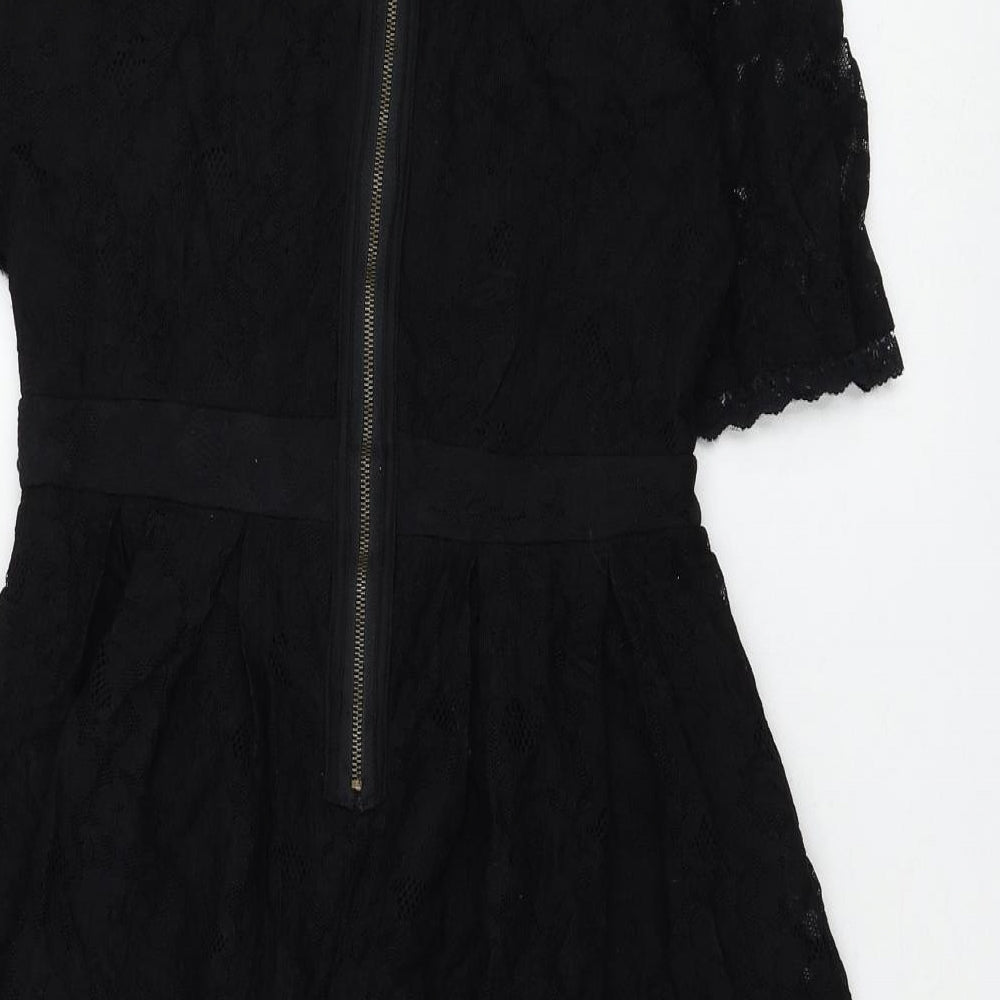 Yumi Womens Black Floral Nylon Shift Size 10 Round Neck Zip