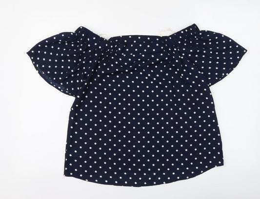 Active Usa Womens Blue Polka Dot Polyester Basic Blouse Size M Off the Shoulder