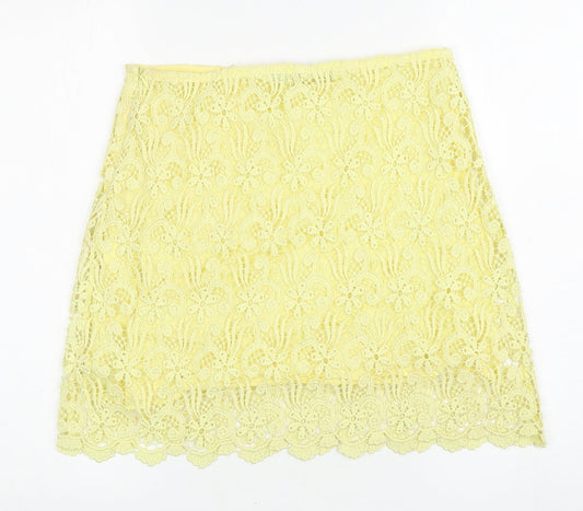 Zara Womens Yellow Floral Cotton A-Line Skirt Size S Zip