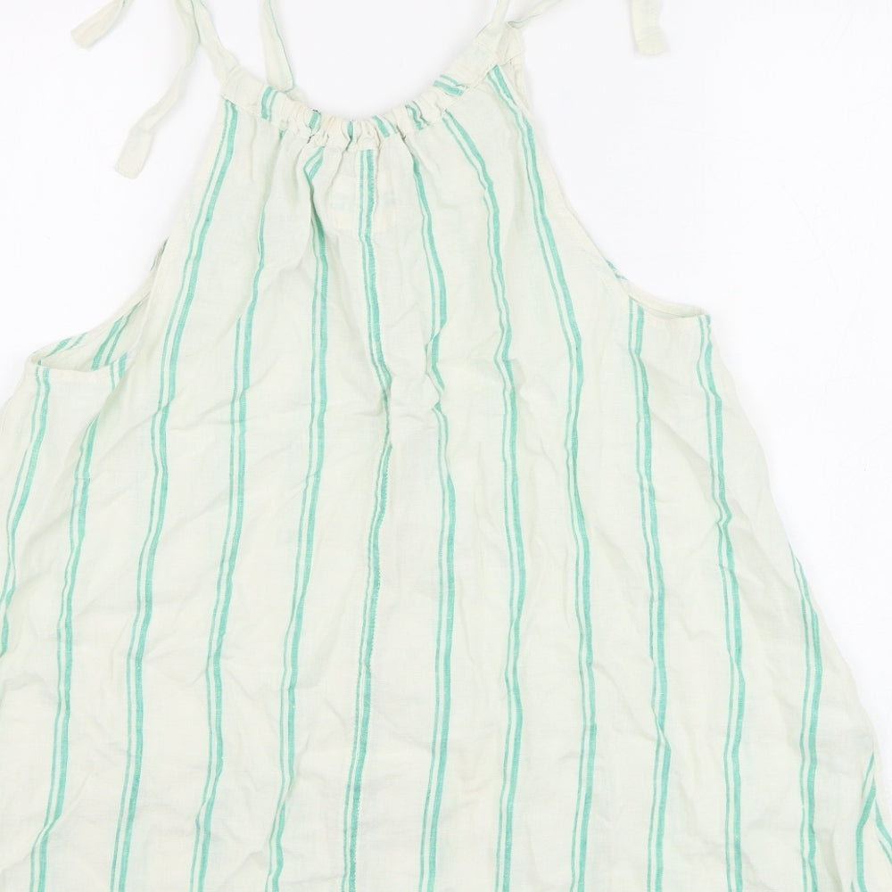 Marks and Spencer Womens White Striped Flax Basic Blouse Size 10 Round Neck