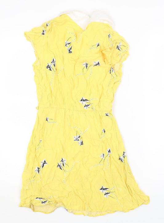 Henry Holland Womens Yellow Geometric Viscose Fit & Flare Size 10 Collared Button - Kite Print