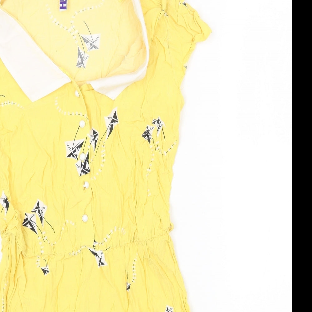 Henry Holland Womens Yellow Geometric Viscose Fit & Flare Size 10 Collared Button - Kite Print