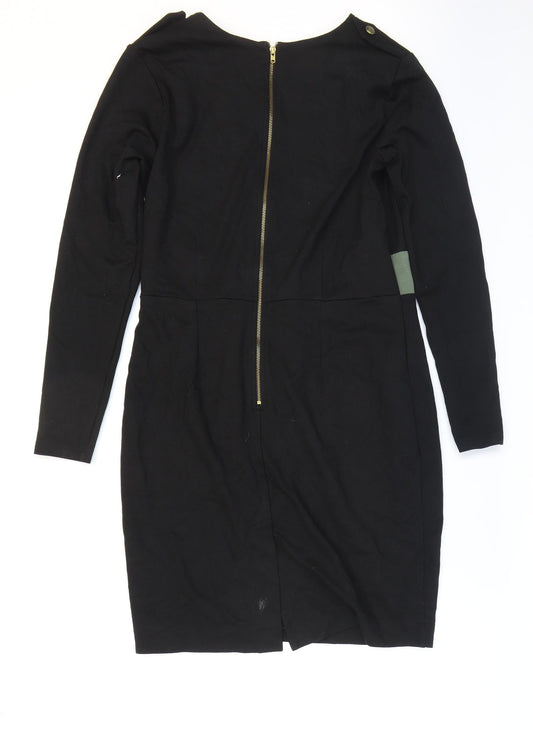 Limited Collection Womens Black Viscose Pencil Dress Size 14 V-Neck Zip - Slit.