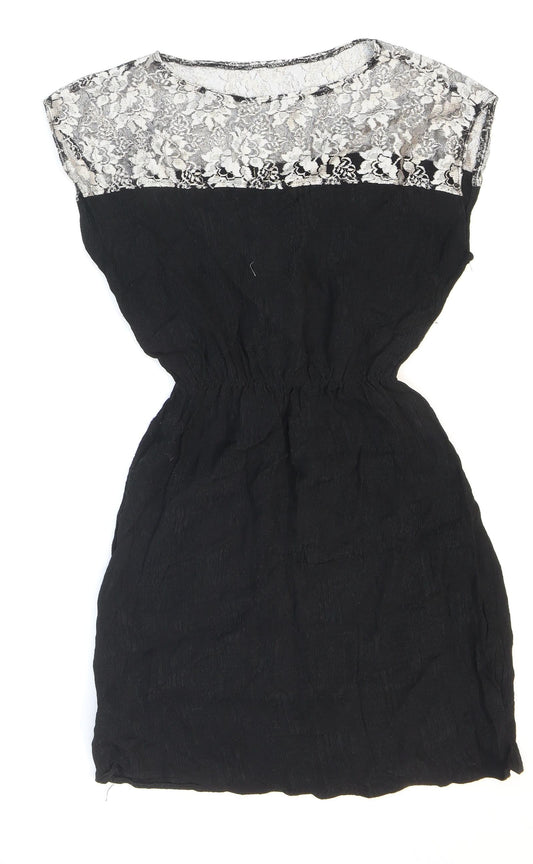 Johann Womens Black Polyester Skater Dress Size M Round Neck Pullover - Lace. Metallic.