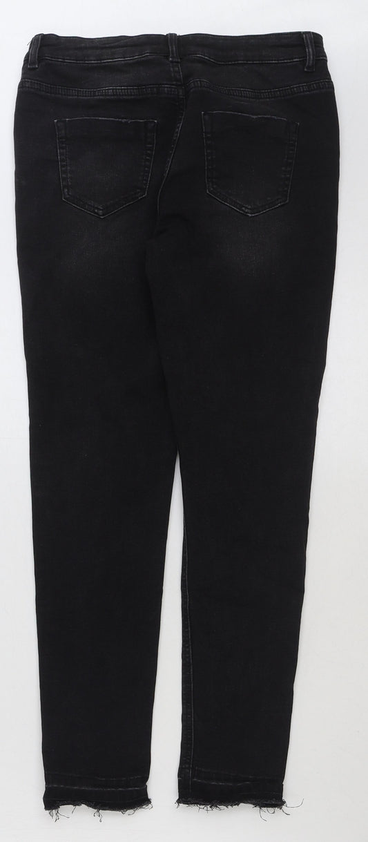 Marks and Spencer Girls Black Cotton Skinny Jeans Size 12-13 Years Regular Button - Distressed