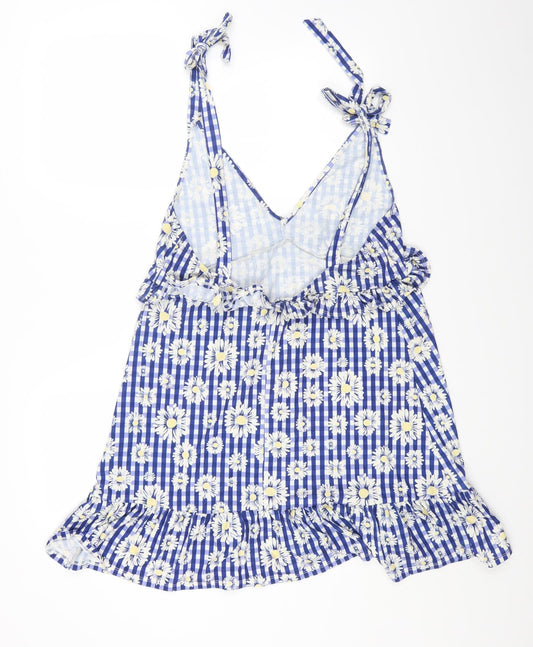 ASOS Womens Blue Geometric Polyester Pinafore/Dungaree Dress Size 12 V-Neck Tie