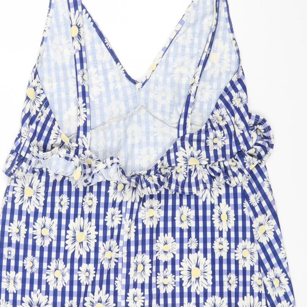 ASOS Womens Blue Geometric Polyester Pinafore/Dungaree Dress Size 12 V-Neck Tie