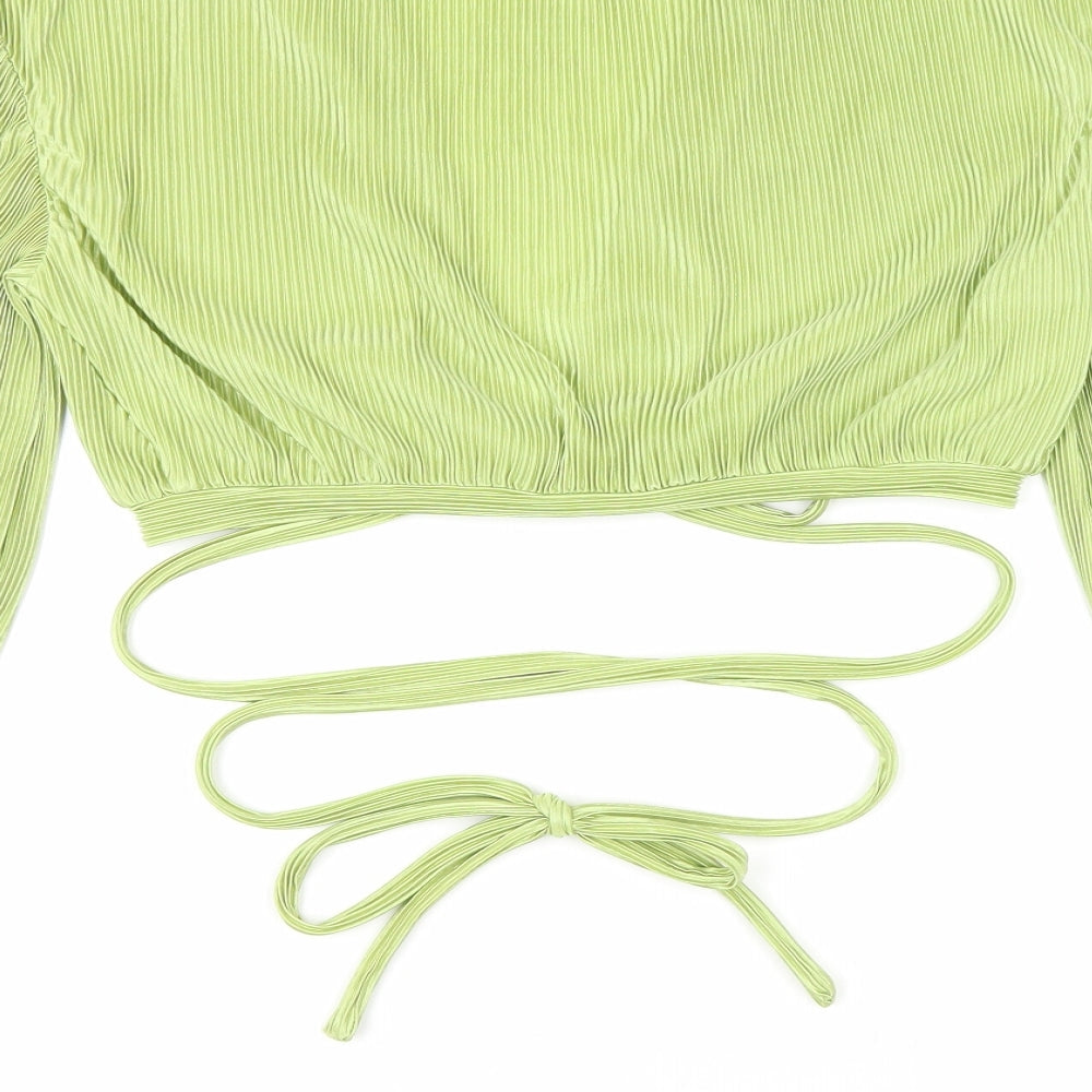 Misspap Womens Green Polyester Cropped Blouse Size 10 V-Neck - Tie Front