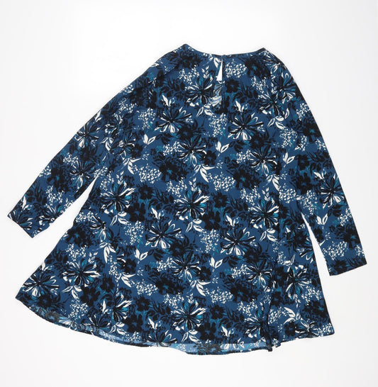 A&G Womens Blue Floral Polyester A-Line Size 12 Round Neck Button