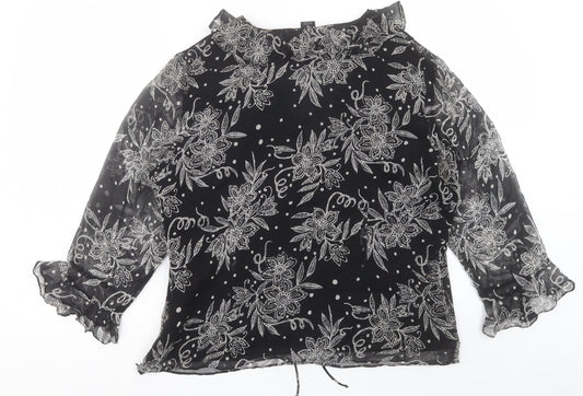 Anne Carson Womens Black Floral Polyester Basic Blouse Size XL V-Neck