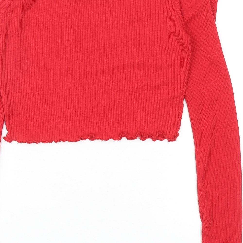 PRETTYLITTLETHING Womens Red Polyester Cropped T-Shirt Size 8 Off the Shoulder - Ribbed