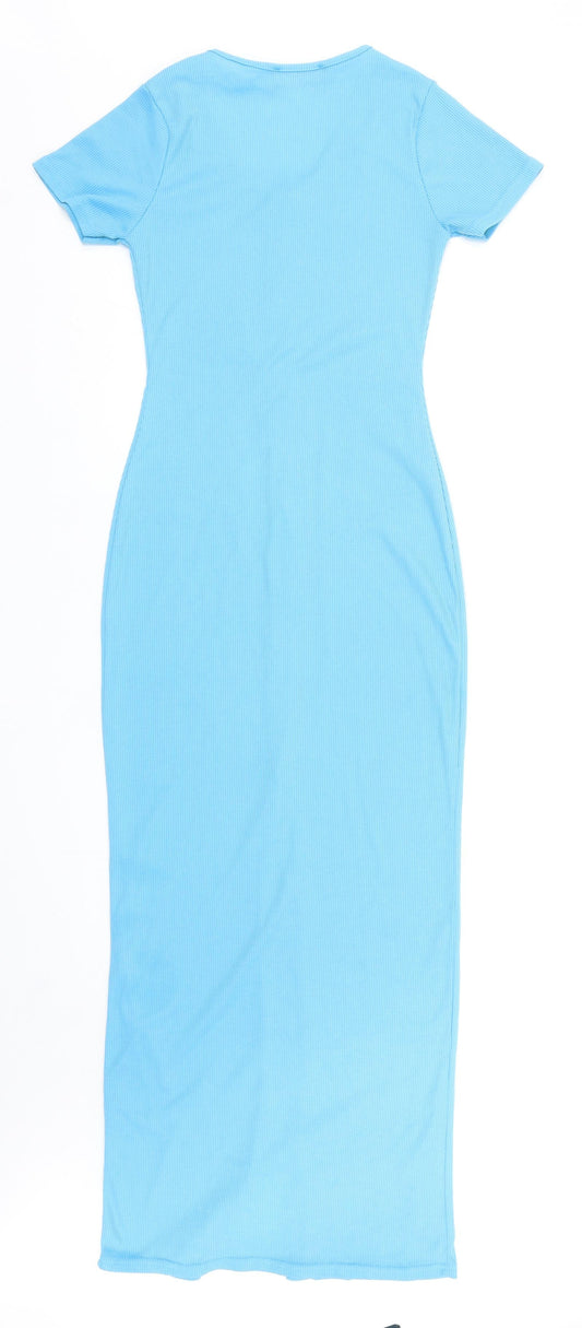 Another Reason Womens Blue Polyester T-Shirt Dress Size 6 Round Neck Button - Ribbed